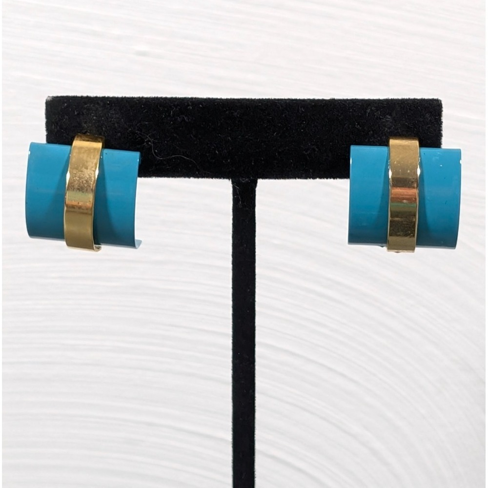 Vintage Blue Green Metal Half Hoop Convertible Gold Tone Earrings Pierced